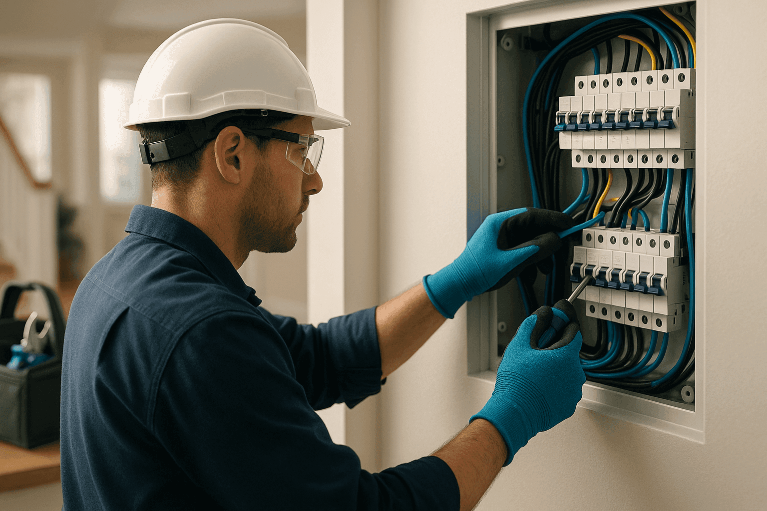 Residential electrician wearing safety gear working on wiring inside a clean electrical panel