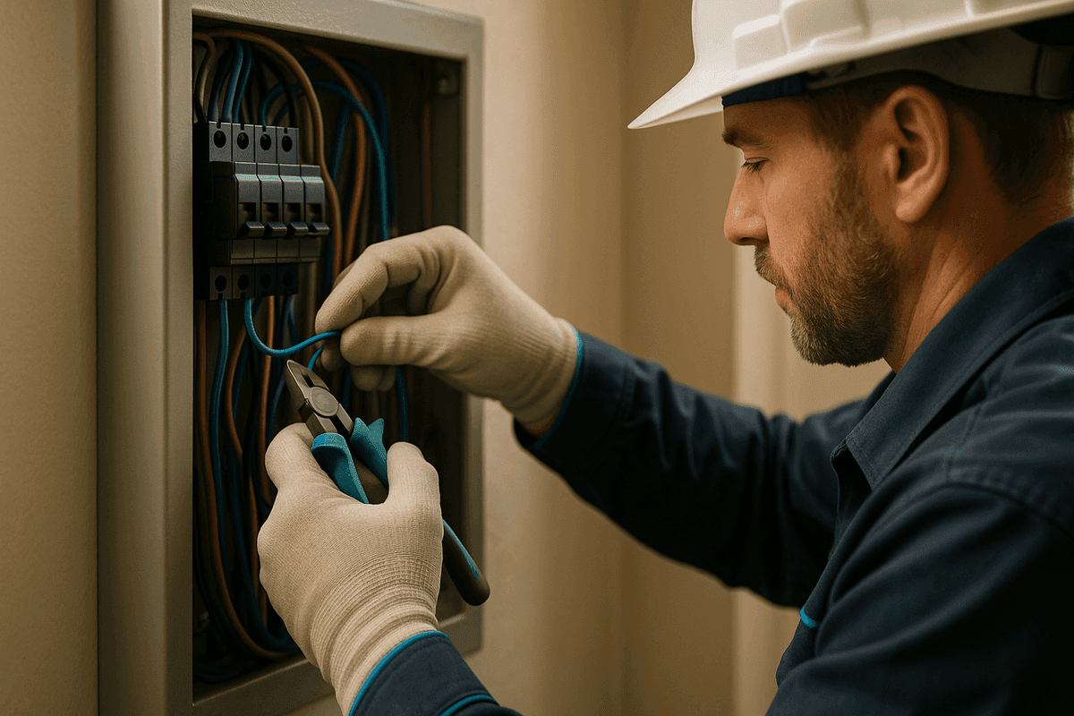 Close-up of electrician’s gloved hands connecting wires in a modern electrical panel
