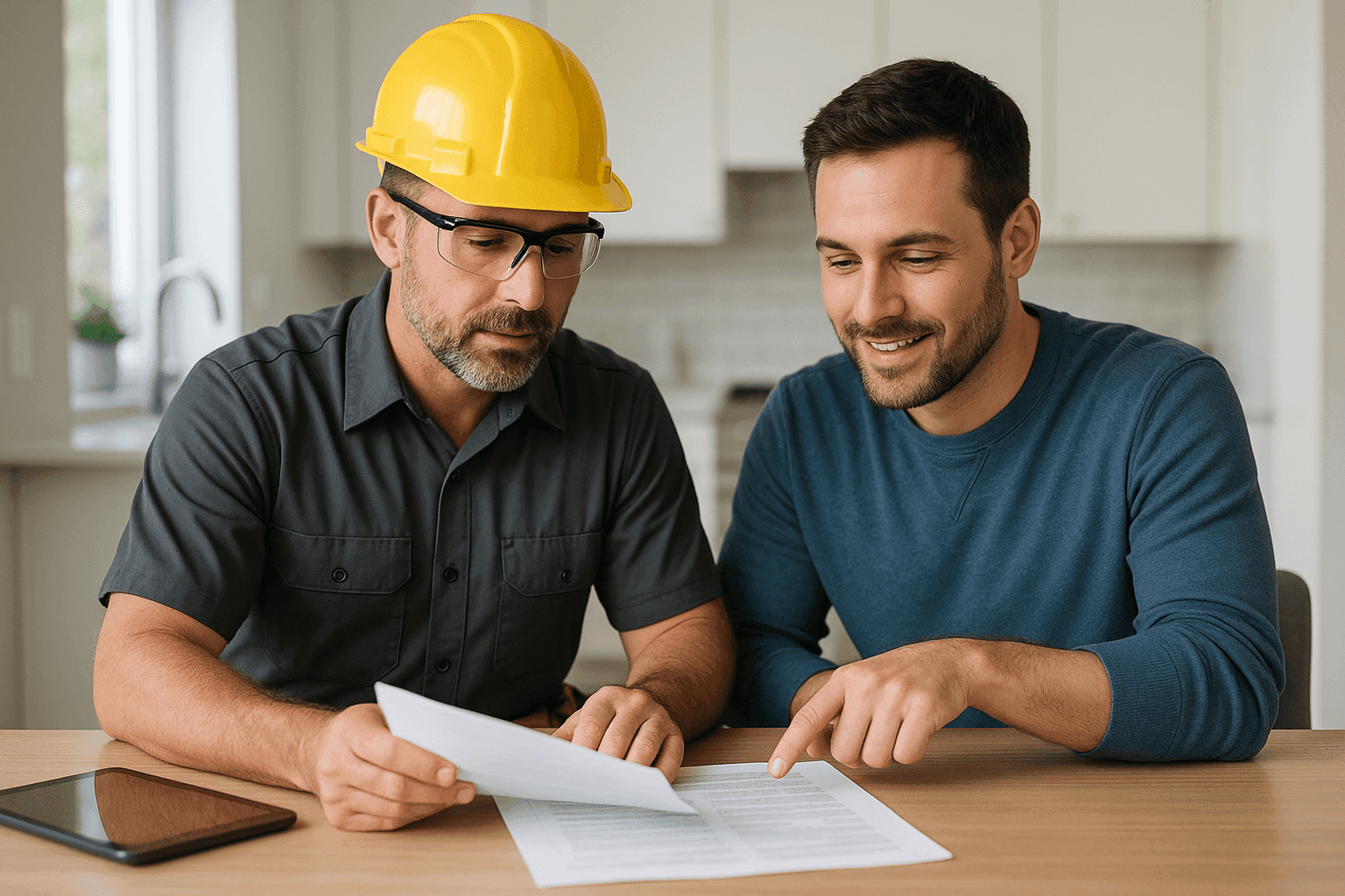 Homeowner meeting with a professional electrician at kitchen table