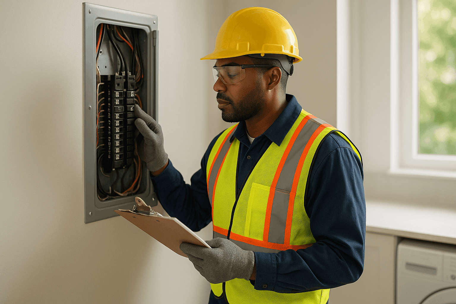 Electrician conducting safety inspection of residential electrical panel