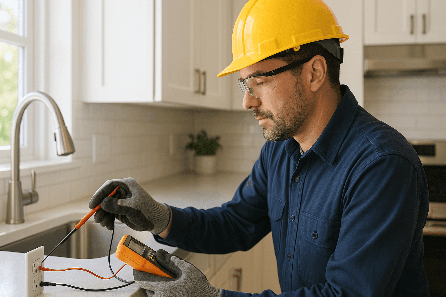 Electrician performing seasonal electrical check in a bright kitchen