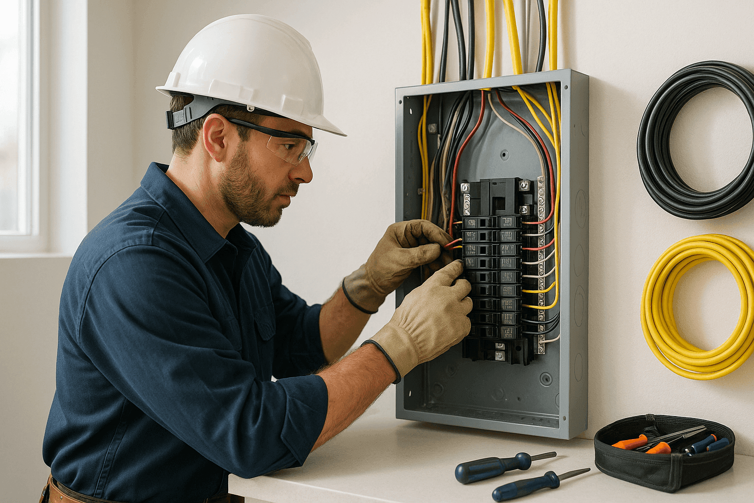 Electrician installing a new residential electrical breaker panel