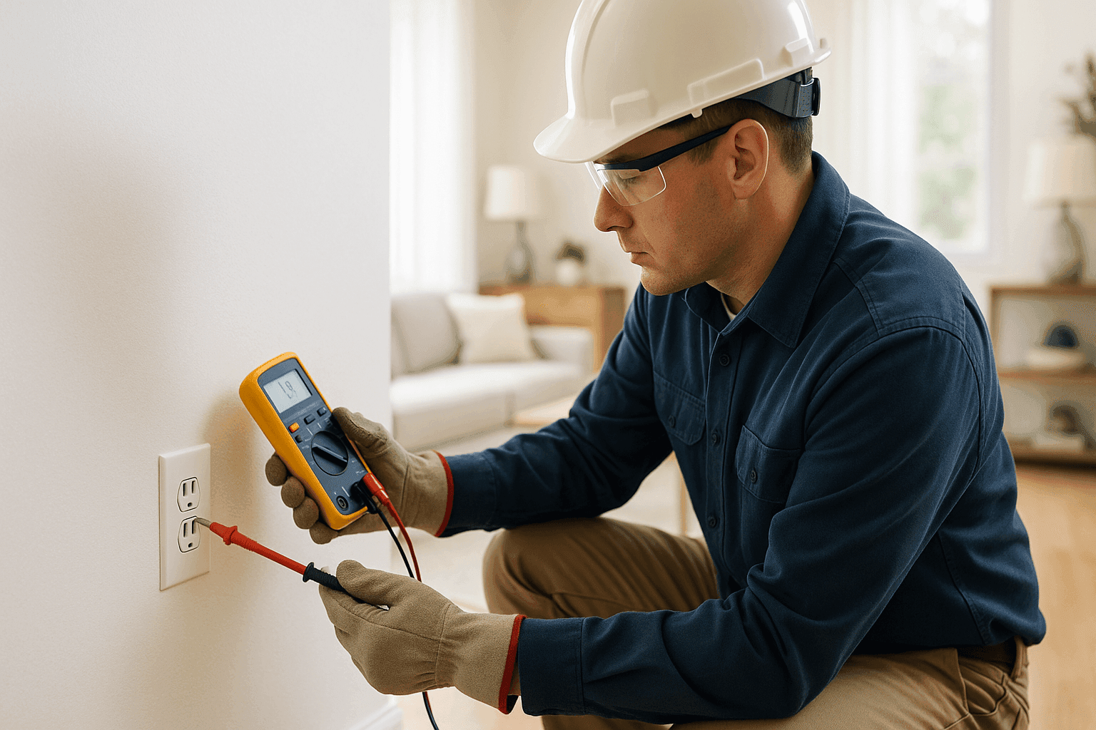 Electrician testing a wall outlet with voltage meter in a living room